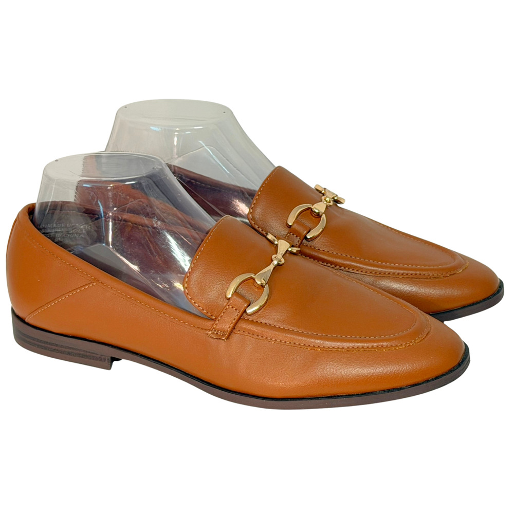 LOFT Sz 9 Gold Horse Bit Detail Loafers Slip-On Shoes Faux Leather Tan Neutral - Picture 1 of 8